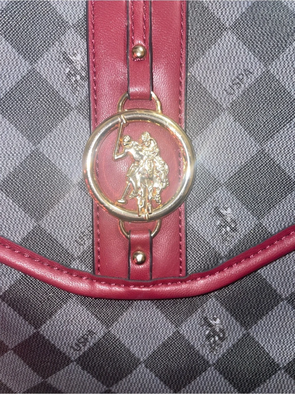 U.S. Polo Assn. Gray Check Backpack with Red Trim and Gold Emblem